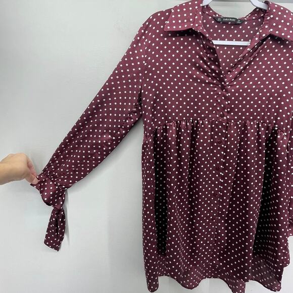 Zara Basic Brown Maroon Wine White Polka Dot Oversized Tunic Satin Blouse - Picture 5 of 6